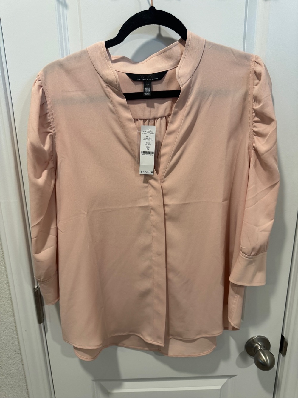 White House Black Market Blush Pink V-Neck Long Sleeve Blouse